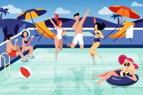 Summer pool party, vector flat illustration. Happy young friends have a vacat Stock Illustration