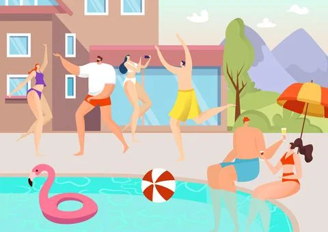 Summer pool party, vector illustration. Happy young people have fun, relax at 스톡 일러스트