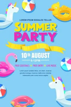 Summer pool party, vector poster, banner layout. Unicorn, flamingo, duck, bal Stock Illustration