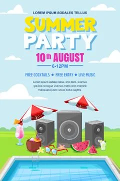 Summer pool party, vector poster, banner layout. Music loudspeakers, cocktail Stock Illustration