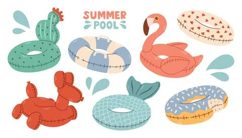 Summer pool rubber ring set. Set of swim rings on white background. Inflatable Stock Illustration