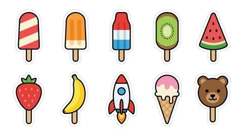 Summer popsicle stickers collection featuring fruit flavors and creative sh.. Stock Illustration