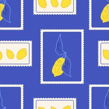 Summer postage stamp seamless pattern on bold blue with lemon fruit and outline Stock Illustration
