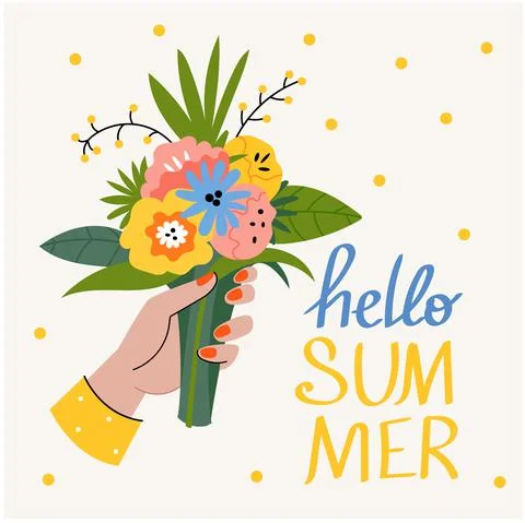 Summer poster. Bouquet in a female hand. Summer mood . Stock Illustration
