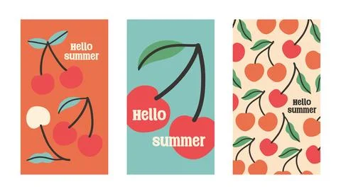 Summer poster cherry set in flat style. Art for poster, postcard, wall art Stock Illustration