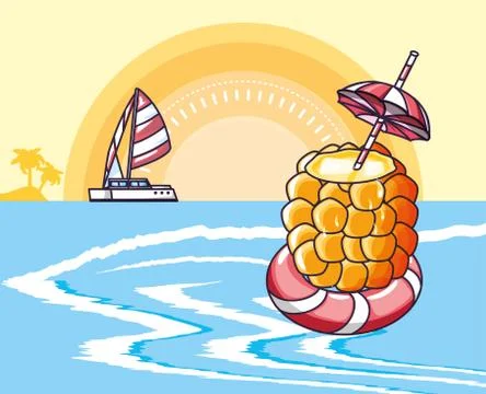 Summer poster of cocktail pineapple with float in sea Stock Illustration