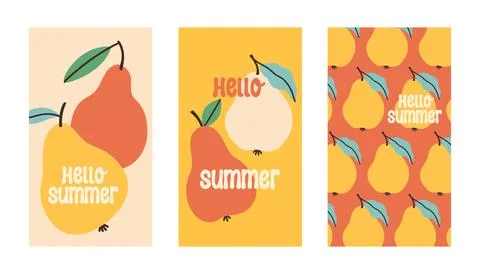 Summer poster pear set in flat style. Art for poster, postcard, wall art, banner Stock Illustration
