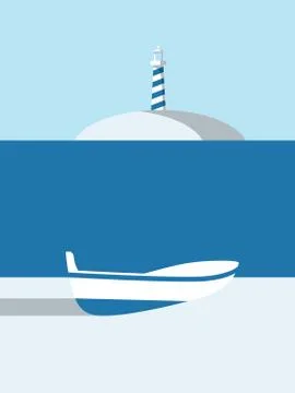 Summer poster vector art with boat on the beach and lightouse on island in the Stock Illustration