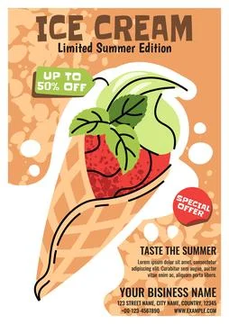 Summer Poster With Watermelon And Mint Ice Cream In A Waffle Cone In Doodle S Stock Illustration