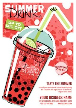 Summer Poster With Watermelon Bubble Tea In A Plastic Cup, Lime And Straw I.. Stock Illustration
