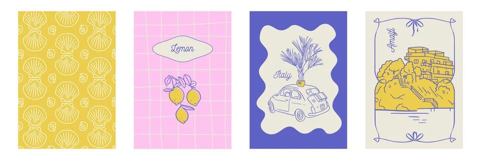 Summer posters or covers set with vintage Italy vibe. Lemon and Italian vacation Stock Illustration