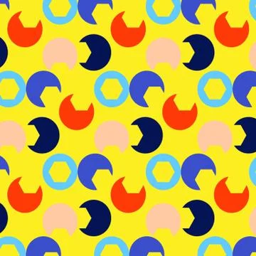 Summer print bright pattern orange blue pink circles a yellow backdrop Stock Illustration
