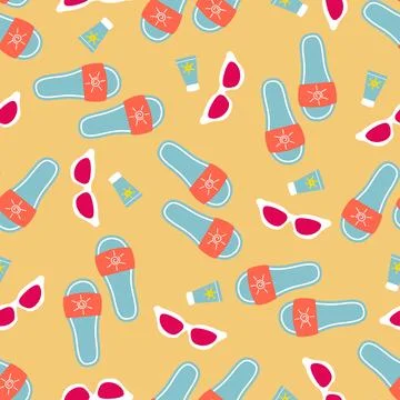 Summer print with flip-flops, spf cream and sunglasses on the sand Stock Illustration