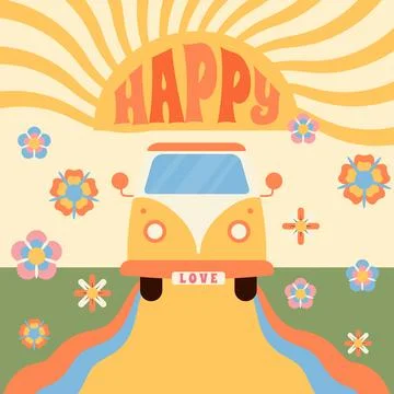 Summer print.Daylight saving time graphics with car, rainbow, flowers. Stock Illustration