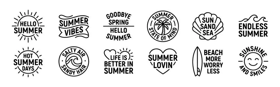 Summer Quote Typography Set With Beach Icons Sunshine Slogans Stock Illustration