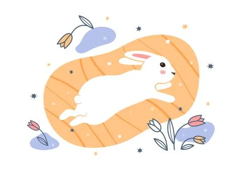 Summer rabbit, spring astrology postcard. Magic zodiac hare jump, doodle bu.. Stockillustratie