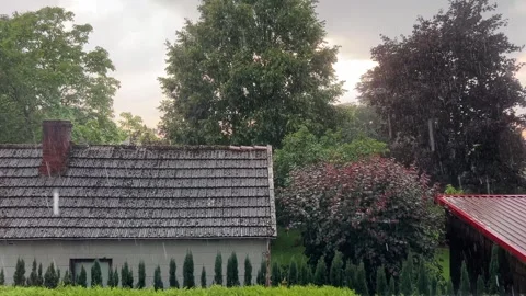 Summer Rain Falling Over Rooftops and Trees in Residential Garden Stock Footage 340213890