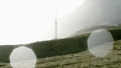 Summer rain in mountains. Electrical support in fog. Water droplets on camera Stock Footage 164312793