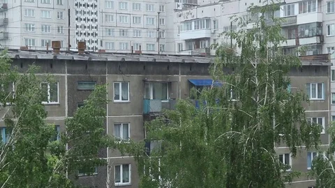Summer rain outside the window, Rain in typical Russian residential area Stock Footage 76601356