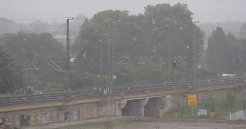 Summer Rainy Day Rain Storm Regional Local Train Passing Voyagers Travel Journey 库存影片 43794665