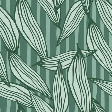 Summer random line leaves pattern on green background. Illustrazione stock