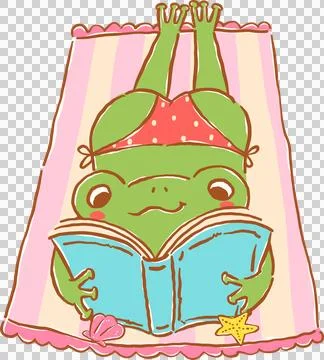Summer reading animals bookish, Frog Reading a Book on a Beach Towel Hand Dra Stock Illustration