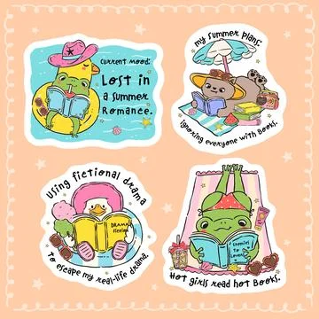 Summer reading animals funny quote sticker printable set with whimsical han.. Stock Illustration