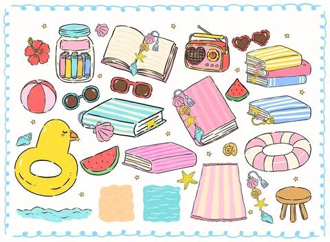 Summer reading beach bookish element set with whimsical hand drawn playful .. Stockillustratie