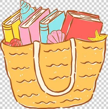 Summer reading bookish, Beach Bag Filled With Books And Seashells, cartoon .. Illustration