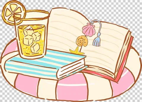 Summer reading  bookish, open book on striped float and iced Lemonade, cart.. Stock Illustration