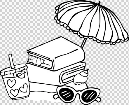 Summer Reading Bookish Outine Books Stack on  Beach with drink and sunglass.. Stock Illustration