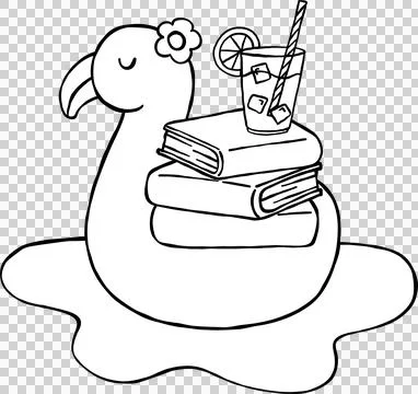 Summer Reading Bookish Outine Books Stack on Flamingo Floating Cartoon Hand.. Stock Illustration