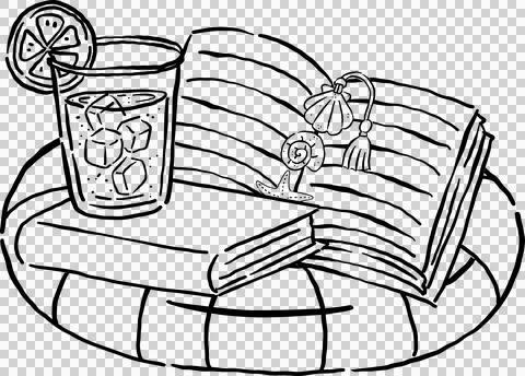 Summer reading bookish Outline, open book on striped float and iced Lemonad.. Stock Illustration
