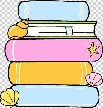 Summer Reading Stack of Books with Summer Beach Theme Hand Drawn Stock Illustration