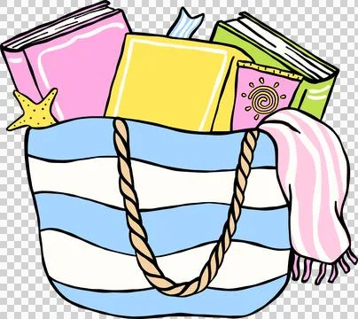 Summer Reading Striped Beach Bag with Books and Towel Illustration Hand Drawn Stock Illustration