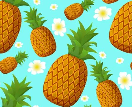 Summer realistic pineapple seamless pattern , palm leaves and flowers. Stock Illustration