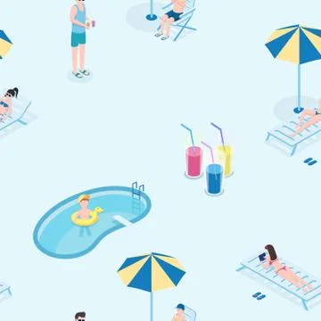 Summer recreation flat vector seamless pattern. Young tourists rest at pool hand Stock Illustration