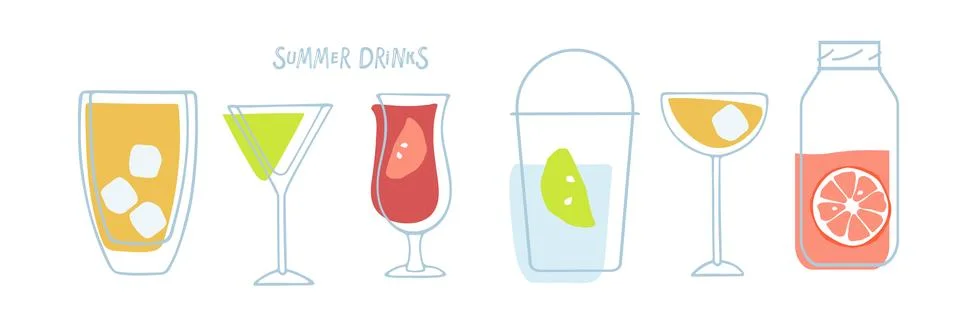 Summer refreshing drink set. Different types of drinks ib doodle style Illustrazione stock