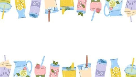 Summer refreshing drinks border background with cocktail smoothie lemonade an Stock Illustration