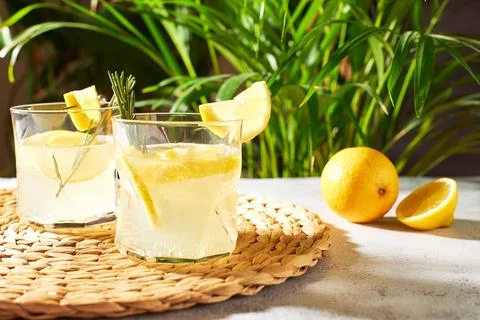 Summer refreshing drinks with fresh lemon slices and rosemary sprigs. Alcoholic Stock Photos