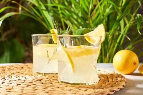 Summer refreshing drinks with fresh lemon slices and rosemary sprigs. Alcoholic Stock Photos
