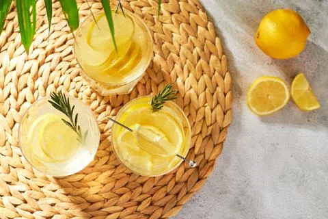 Summer refreshing drinks with fresh lemon slices and rosemary sprigs. Alcoholic Stock Photos