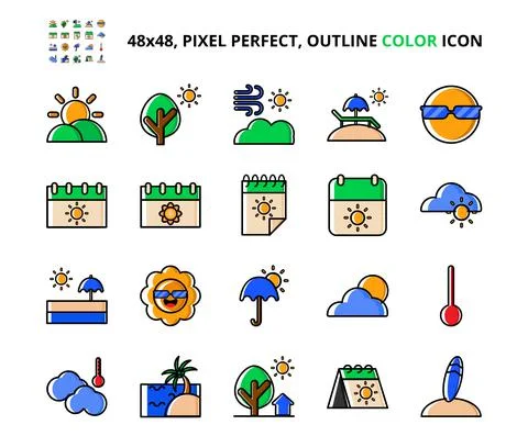 Summer Related Pixel Perfect Colored Icon Set Vector Illustration Design Stock Illustration