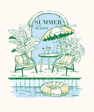 Summer resort vintage poster, vector hotel swimming pool retro illustration Stock Illustration