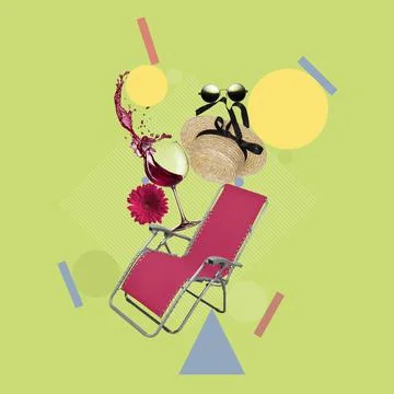 Summer rest. Creative composition with chaise longue, glass, hat and colored Stock Photos