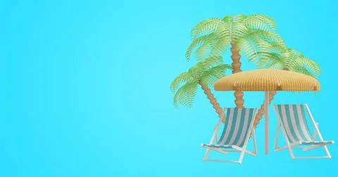 Summer rest. Palm trees deck chair under an umbrella. Stock Illustration