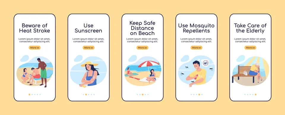 Summer rest safety tips onboarding mobile app screen flat vector template 스톡 일러스트