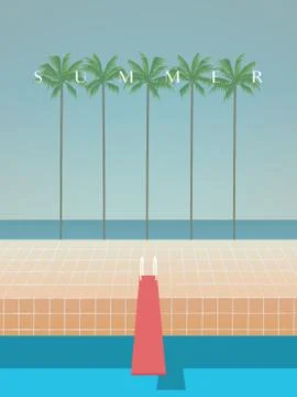Summer retro artistic minimalistic vector poster template with palms, sea, beach Stock Illustration