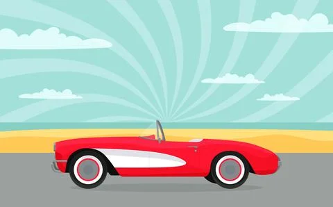 Summer retro poster with red corvette classic car, sunset 스톡 일러스트