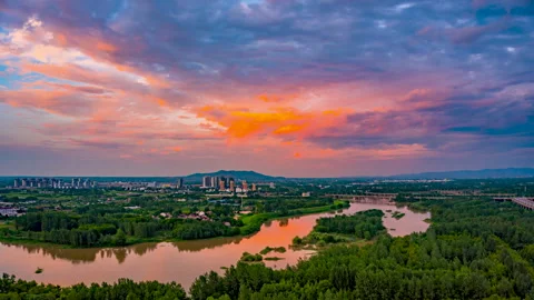 Summer River At Dusk Colorful Clouds Timelapse Stock Footage 320873364